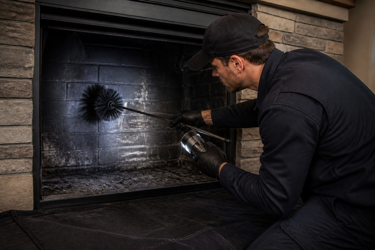 Chimney professional examining and sweeping a soot-darkened fireplace